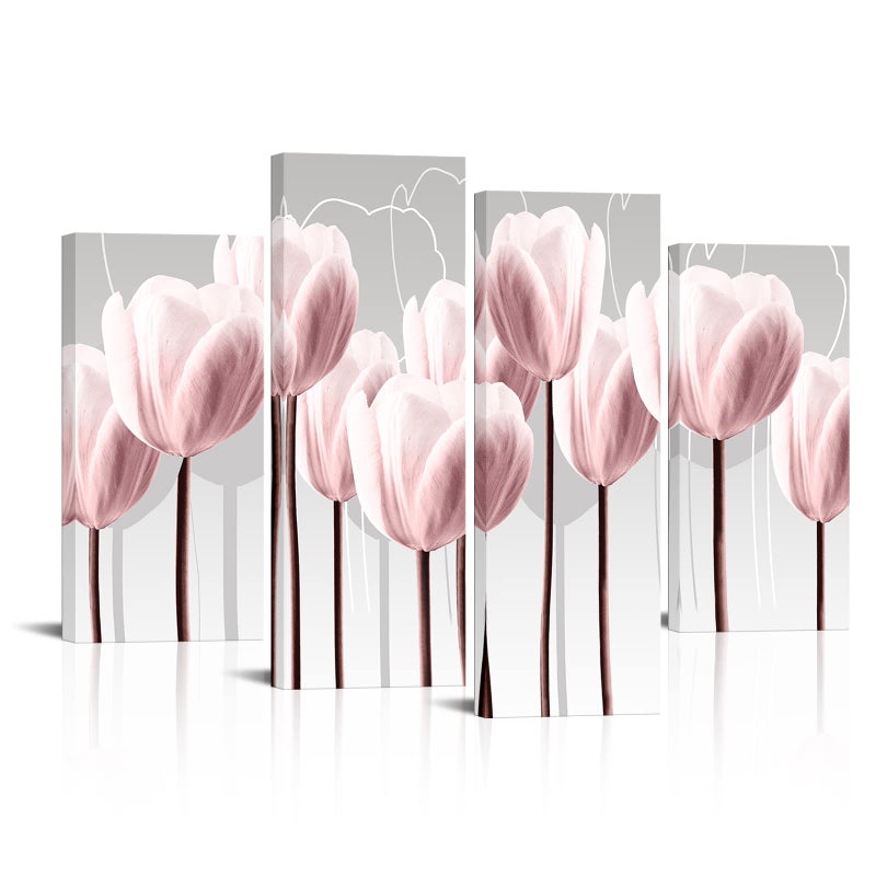 Visual Art Decor Floral Canvas Wall Art Pink Tulip Wall Decor, Pink Flower Painting Living Room Bedroom Home Wall Decoration Framed Artwork 34inx48in - Image 1